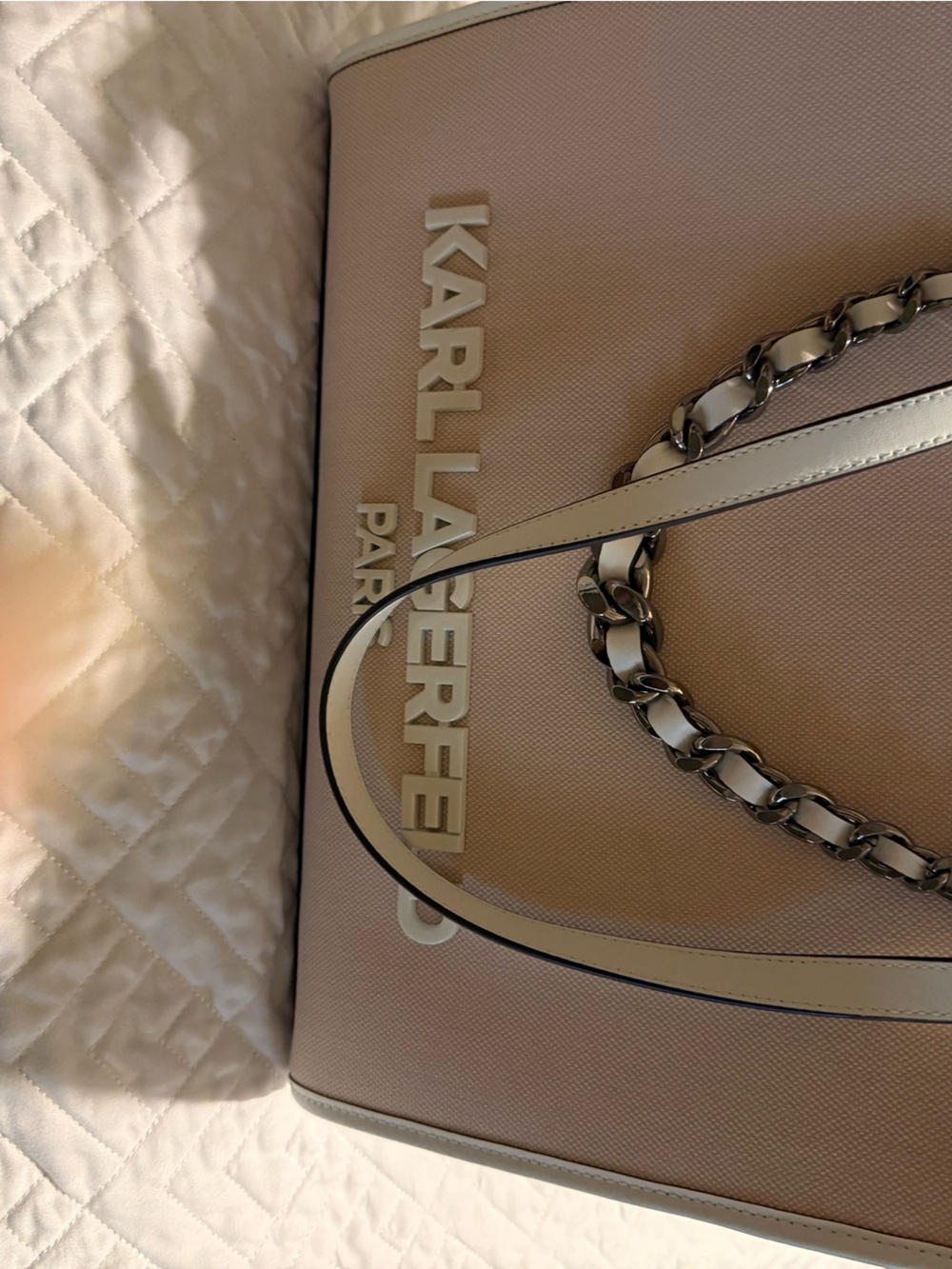 Karl Lagerfeld Light Beige and White Chain-Handle Tote